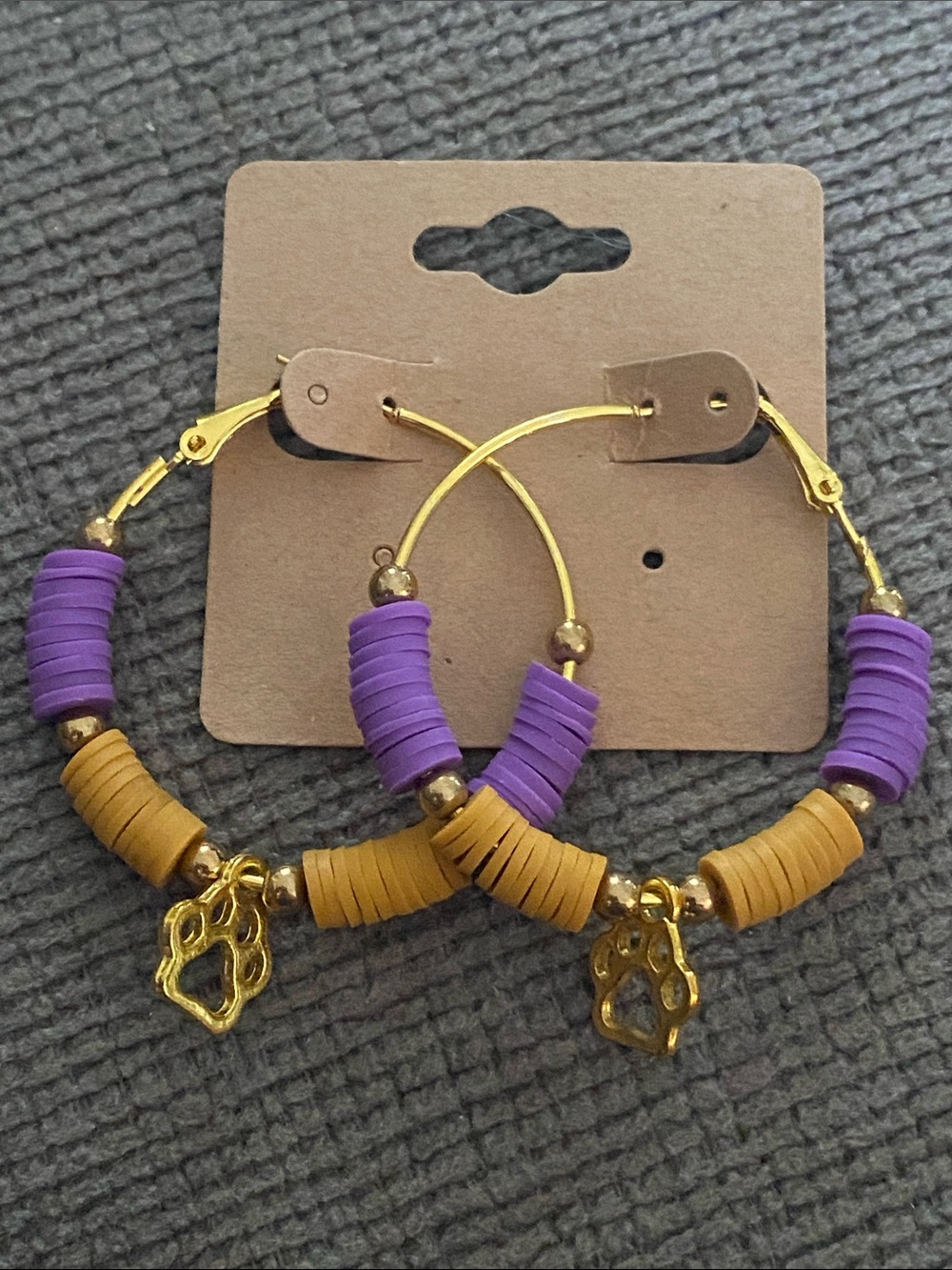 Handmade Gold Hoop Earrings Purple and Gold w/ Cat Paw WCU LSU